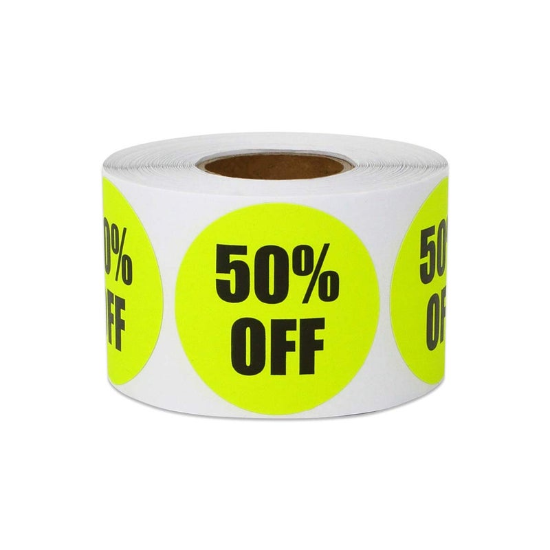 OfficeSmartLabels 50 Percent Off Stickers - Clearance Discount Sale Labels for Small Business Supplies Retail Store Markdown Pricing Stickers - 1.5 Inch Round Circle Fluorescent Yellow - 300 Labels/Roll - Image 1